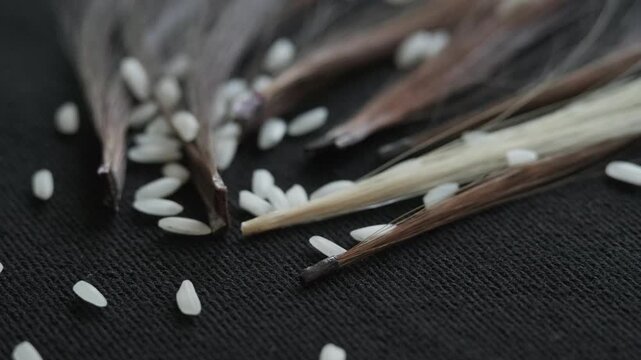 High-angle macro shot of various keratin-tipped hair extension strands arranged on a dark fabric surface