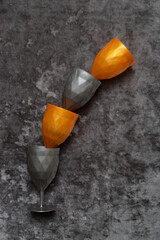 Still life with plastic glasses, top view