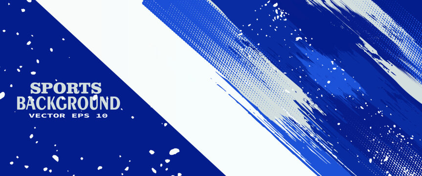 Horizontal abstract banner design with sporty blue grunge and halftone vector shape