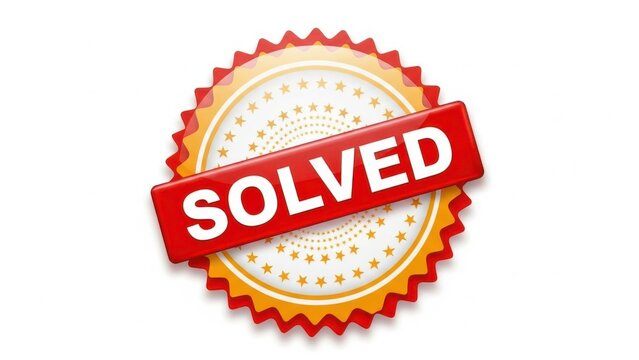A red and yellow seal with the word solved stamped across it, indicating a problem has been resolved.