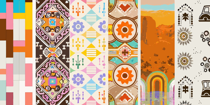 A vibrant collection of colorful patterned textile designs and southwestern motifs