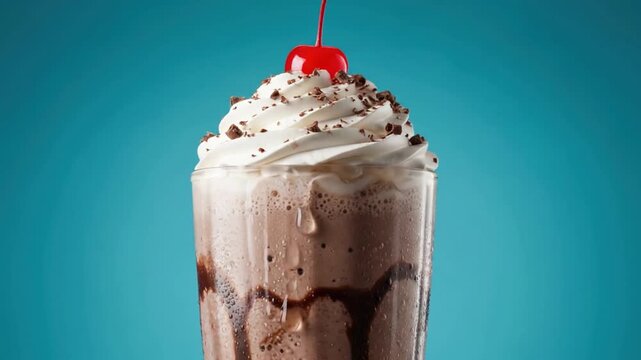 Creamy Vanilla Milkshake with Whipped Cream, Cherry and Chocolate Syrup on Teal Background
