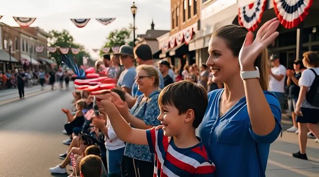 Family waving flags at patriotic parade