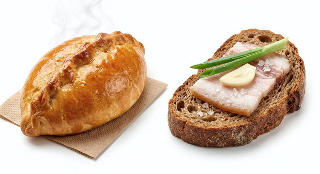 Traditional rustic snack with baked meat pastry and lard on rye bread with garlic AI generated