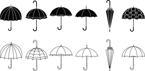 Black and white umbrella icons set featuring open and closed parasol silhouettes with different patterns for rain protection weather design © Faruk Here