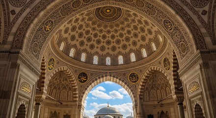 Ornate mosque interior featuring golden Arabic calligraphy and intricate geometric patterns on a grand dome overlooking a blue sky.