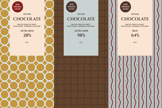 Set of seamless patterns for chocolate packaging with artisan label design templates. Confectionery branding. Wrapping paper