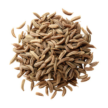 Dried cumin seeds heap close-up top view natural brown spices texture background