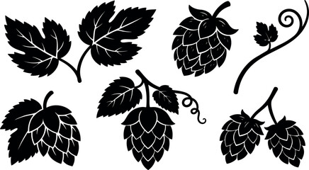 Naklejka premium Vector hop cone and vine silhouettes close up set of brewery hop leaves and cones minimalist flat black isolated studio
