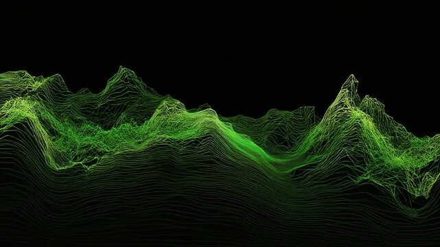 A neon green graphic rendering of mountains, constructed from lines, against a black backdrop