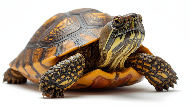 A close-up view of a turtle with a detailed shell pattern and textured skin