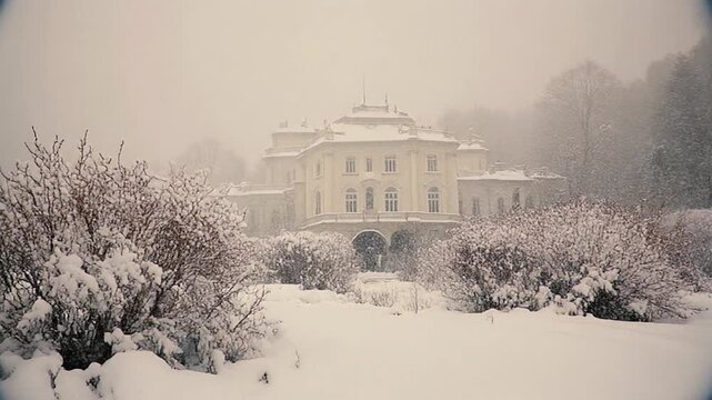A large, cream-colored, symmetrical house with a mansard roof and multiple windows stands behind a snow-covered garden with bushes and trees on a snowy, overcast day