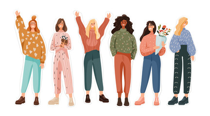 Fototapeta premium 8 March womens day celebration diverse women group cheerful friends casual clothes holding flowers gift flat style white background