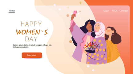 8 March womens day diverse women selfie flowers celebration modern flat design website banner pastel background