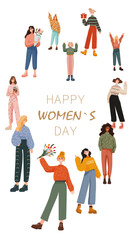 Obraz premium 8 March womens day holiday diverse women flowers gifts celebration group cheerful poses colorful outfits modern flat style white background