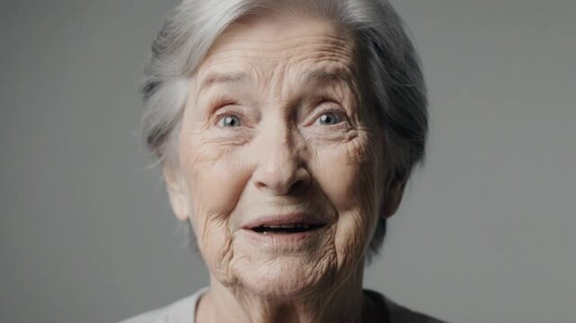 A close-up photograph of an elderly woman with short gray hair and a surprised expression on her face