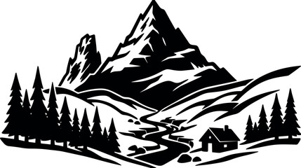 Fototapeta premium Silhouette vector mountain landscape with winding river pine trees and cabin low angle view black and white rustic scene vintage