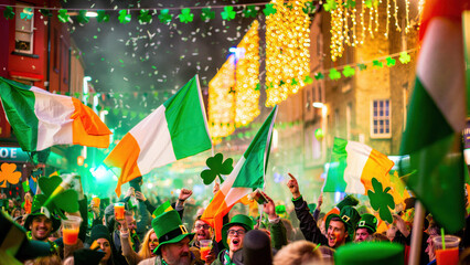 Fototapeta premium Saint Patrick Day street celebration with Irish flags, shamrocks and cheering crowd, festive night parade in city center, green lights, confetti and pub atmosphere, St Patricks Day festival