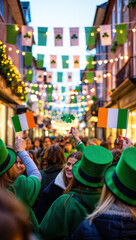 Obraz premium Saint Patricks Day festive street celebration with people in green hats waving green flags and shamrock decorations glowing evening lights joyful holiday atmosphere