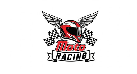 Motorcycle racing logo with helmet, wings, and checkered flags, dynamic design. © Akilo