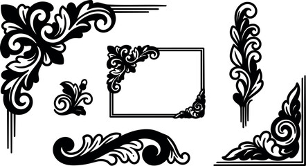 Baroque ornamental corner and frame set decorative vector swirls vintage flourishes isolated on white background elegant black border detail collection