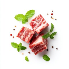 Fresh Raw Meat Cubes with Mint Leaves and Mixed Peppercorns on White Background