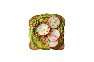 Avocado toast with radish slices and sunflower seeds, healthy vegan breakfast or snack, isolated, top view