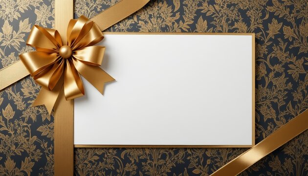 Elegant Gold Bow and Ribbon on Floral Pattern with Blank Card for Message