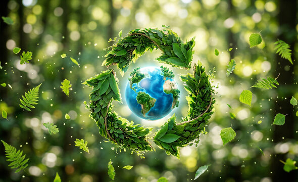 Conceptual illustration of glowing earth globe inside green recycling symbol made of fresh leaves in magical forest