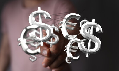 Abstract financial concept with dollar and euro currency symbols. Hand interacting with money symbols, representing glob