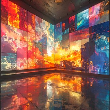 Immersive digital art installation featuring vibrant colors and reflective surfaces.