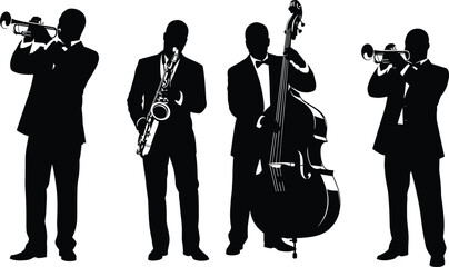 Jazz band silhouettes, trumpet, saxophone, double bass, musicians in suits, formal attire, vector illustration, black figures, white background, musical performance © Faruk Here