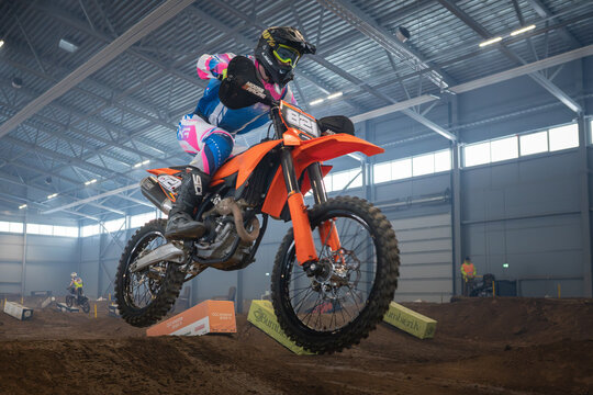 Latvia, Riga August 27, 2025,  regular training Motocross Rider Launching in Indoor Arena