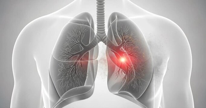 Medical illustration of human lung anatomy with cancerous growth