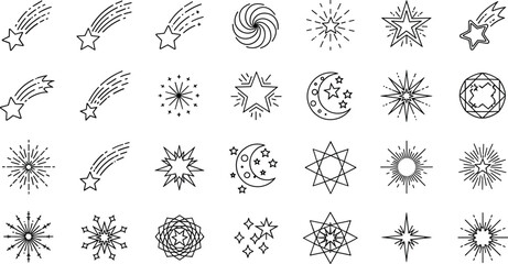 Celestial line icon set featuring stars, shooting stars, crescent moons, sunbursts, and geometric mystical symbols for esoteric design concepts. © Md