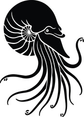 Nautilus Octopus Hybrid Silhouette Vector Illustration with Flowing Tentacles, Black Marine Mythical Creature Design for Tattoo, Logo Branding and Ocean Art