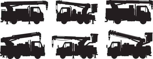 Obraz premium Black Solid Mobile Repair Truck Silhouettes Set of Six on White Background