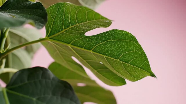 Closeup of a vibrant green fig leaf with intricate veins gently swaying in the breeze against a soft pink outoffocus background highlighting natural beauty and botanical detail.