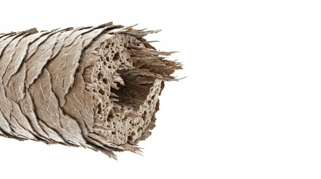 Colorized scanning electron micrograph of a single human hair showing extensive cuticle damage and a porous inner cortex