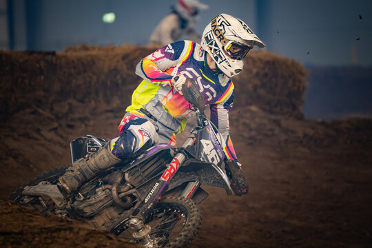 Latvia, Riga August 27, 2025,  regular training Motocross Rider Mid-Air on Dirt Track