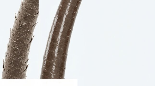 Microscopic view of healthy and damaged human hair cuticles displaying different scale conditions