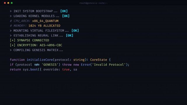 AI System Bootup: Animated Code on Dark Digital Interface
