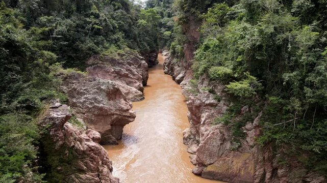 Low Drone Flight Through Red Rock Jungle Canyon River in Madidi National Park, Bolivian Amazon. Cinematic flight through a narrow jungle canyon with a muddy river between steep red rocky cliffs