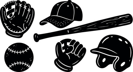 Fototapeta premium Flat design close up baseball equipment set with bat glove helmet cap ball and mitt top view high contrast vector