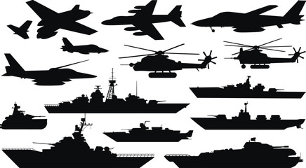 Silhouette illustration of military aircraft, helicopters, tanks, armored vehicles, and naval warships including battleships and aircraft carriers, symbolizing defense, combat, army equipment © Moyuri