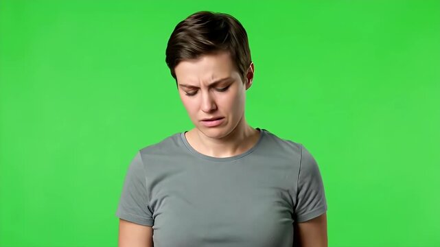 Woman expressing frustration and disappointment with green screen background.