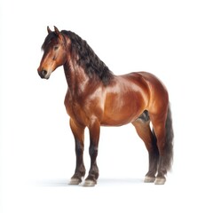 Obraz premium Majestic brown horse showcasing muscular build and flowing mane against a clean white background, ideal for equine-related themes