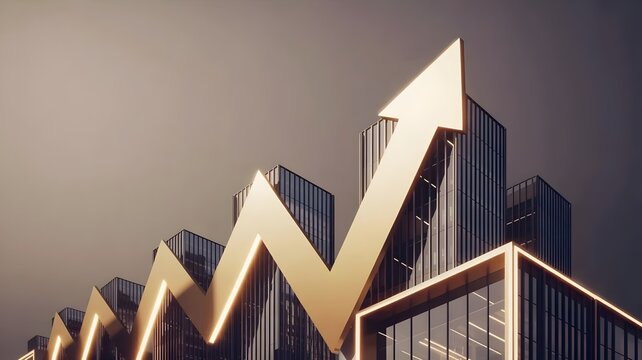 Real estate growth arrow and modern buildings &ndash; Perfect for property investment, construction development, or housing market trends.