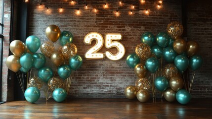 A room with a large number 25 on the wall. The room is decorated with gold and green balloons