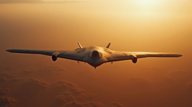 B-2 stealth bomber flying at high altitude over vast desert landscape at dawn with long shadow cast below on sand
